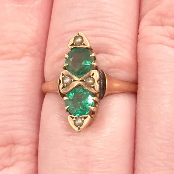 Antique Edwardian 10K Green Ring, Size 5.5, Rose Gold, Navette - Picture 1 of 17